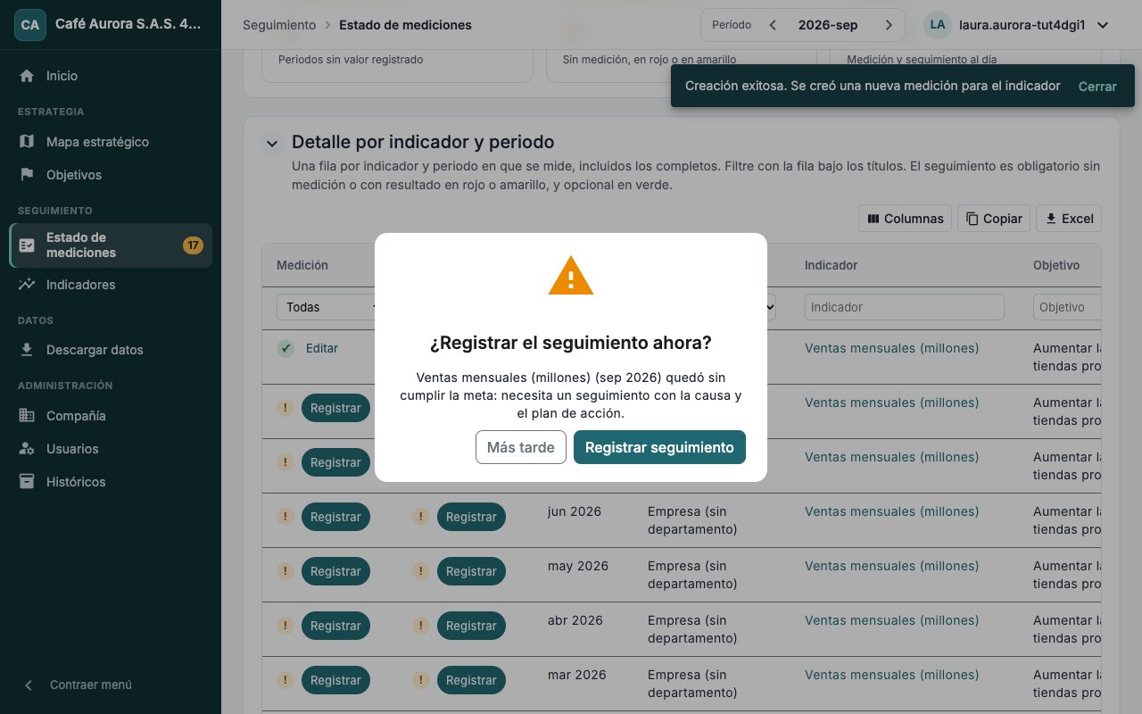 Al registrar una medición fuera de la meta, el sistema ofrece registrar el seguimiento